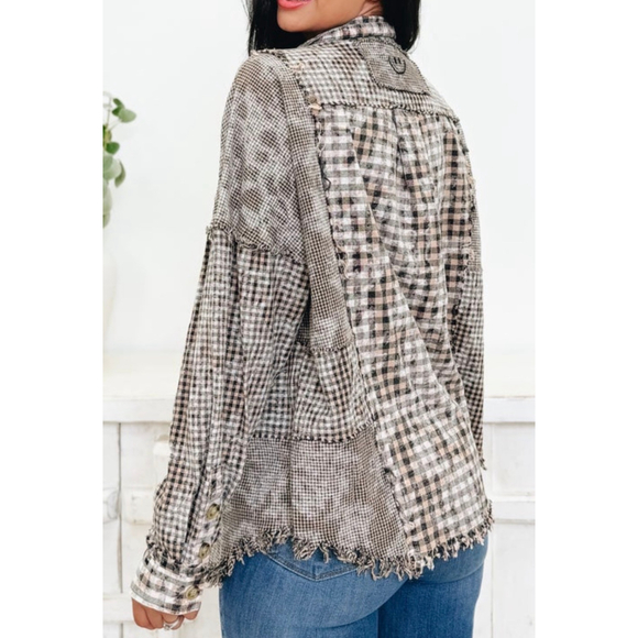 Women's Oli & Hali Plaid Patchwork Button Down Shirt L Brown Black - Picture 6 of 11